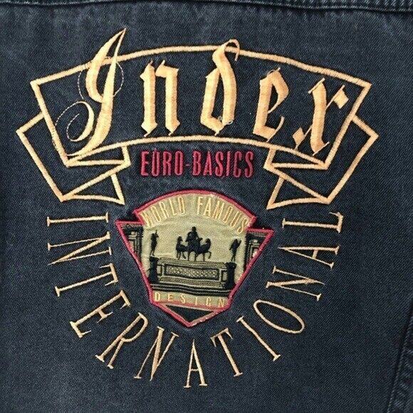 Vintage L Mens Denim Jean Jacket Embroidered faded black index international 938 - Picture 2 of 9
